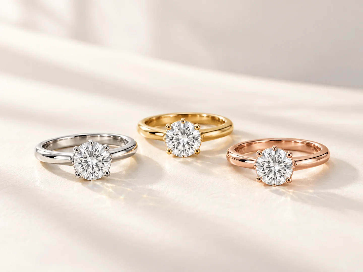 solitaire Essence engagement ring settings variations shown in yellow gold, white gold, and rose gold. Each by John Atencio. solitaire Essence engagement ring settings variations shown in yellow gold, white gold, and rose gold. Each by John Atencio.