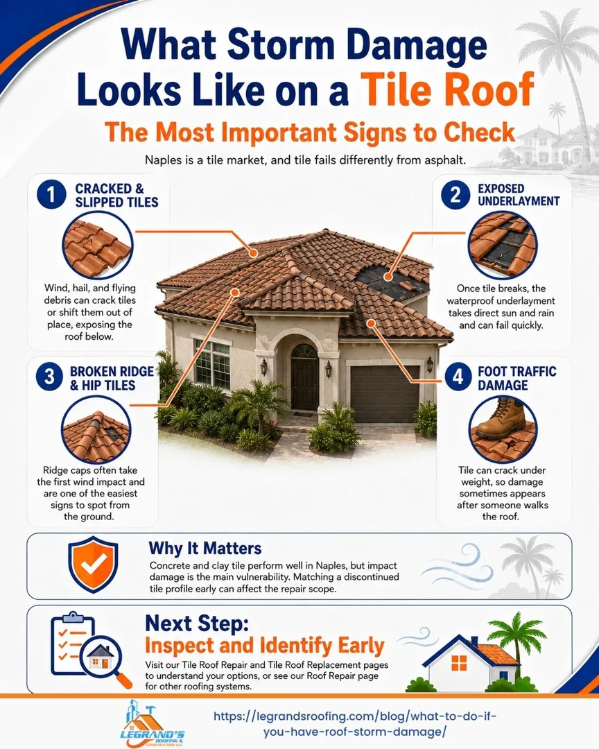 Tile roof storm damage signs, showing cracked and missing tiles after a storm.