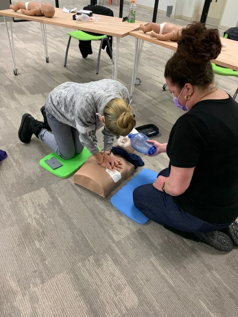 Illustration of BLS students providing CPR on a manikin