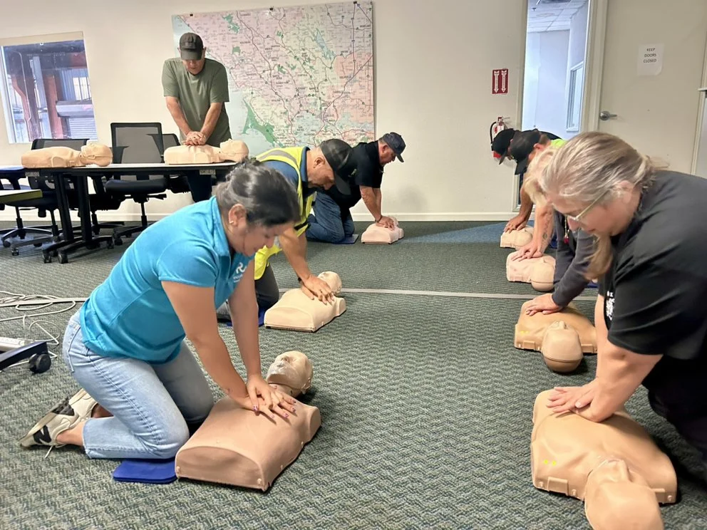 chest compressions on an adult training manikin during a basic cpr first aid class