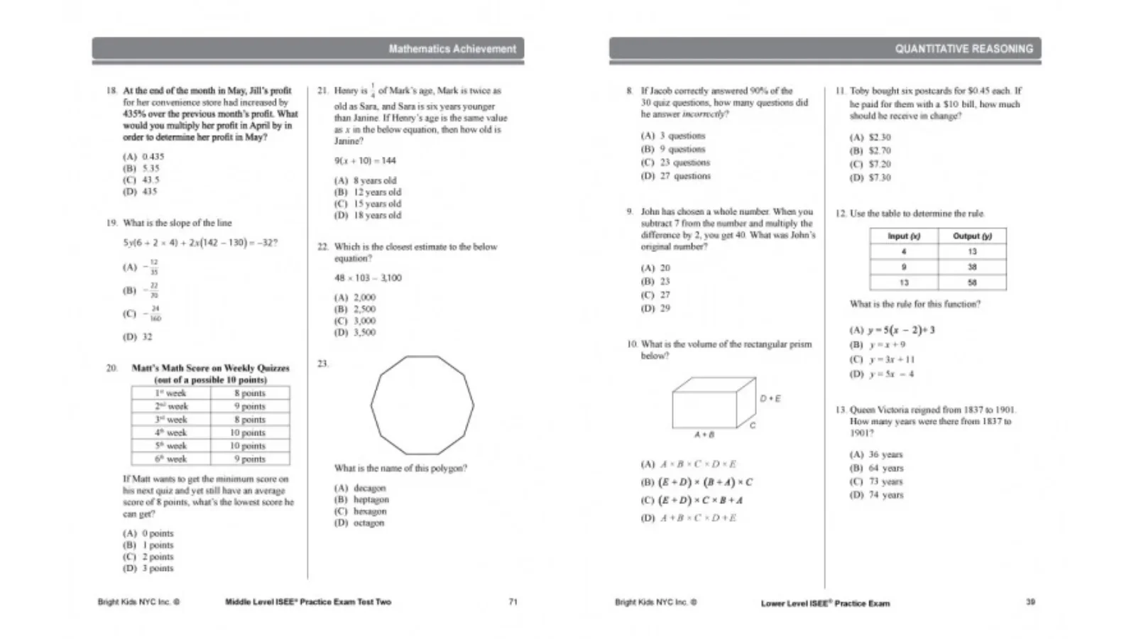 Sample questions from Bright Kids ISEE Lower workbook -ISEE lower practice workbook
