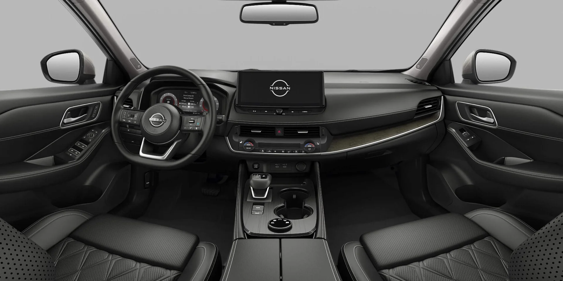 Modern Nissan sedan interior showing the dashboard, steering wheel, center display, and front seats Modern Nissan sedan interior showing the dashboard, steering wheel, center display, and front seats