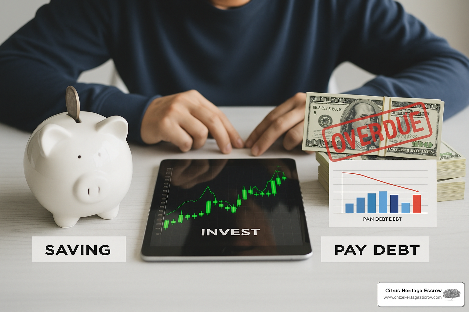 of a person considering options like saving, investing, or paying debt - escrow surplus refund meaning