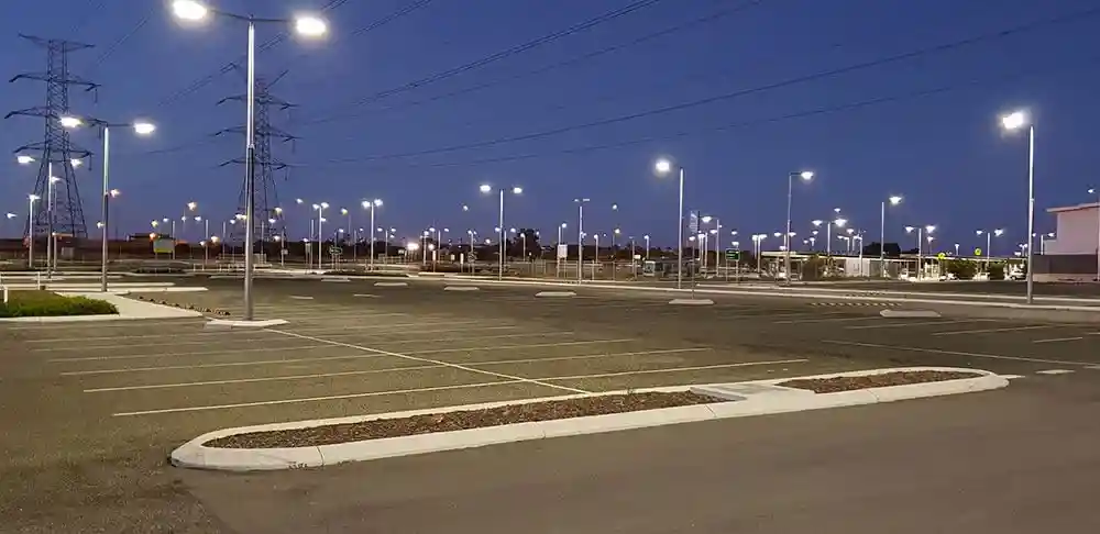Vizona LED Flood Light illuminating a car park - car park LED lighting