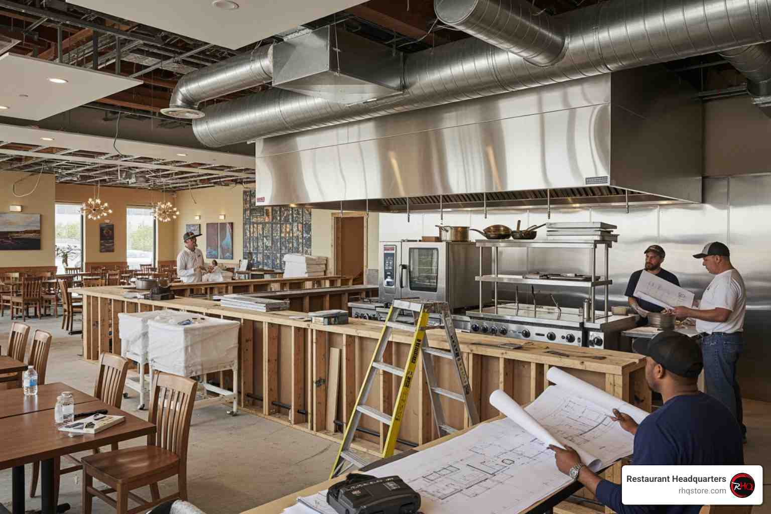 Commercial construction for restaurants showing open kitchen installation, ventilation system setup, and dining area build-out in progress | Restaurant Headquarters Commercial construction for restaurants showing open kitchen installation, ventilation system setup, and dining area build-out in progress | Restaurant Headquarters