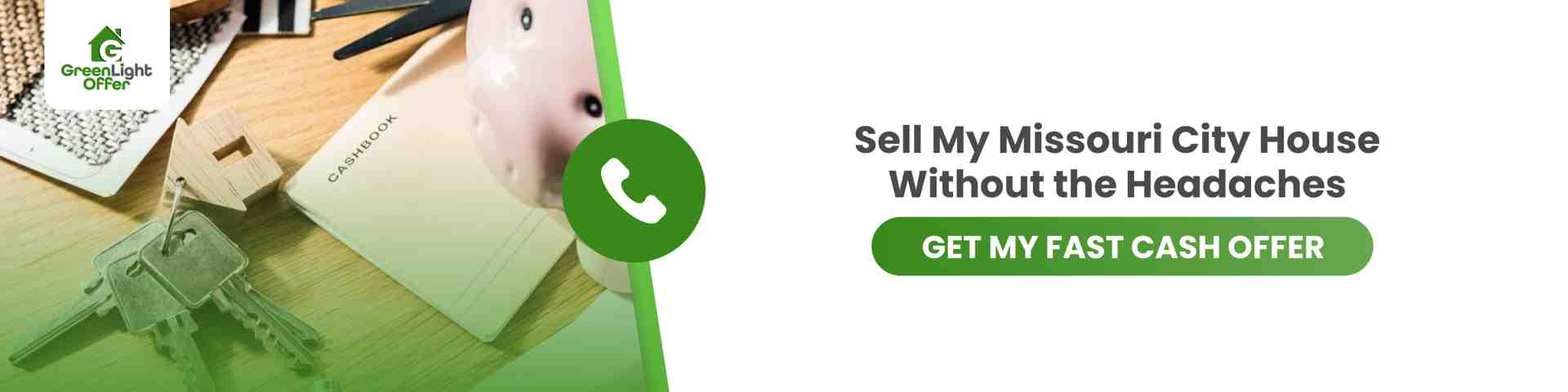 Sell My Missouri City House Without the Headaches CTA image with house keys, cash notebook, and phone icon encouraging homeowners to contact a house buyer in missouri city for a fast cash offer.