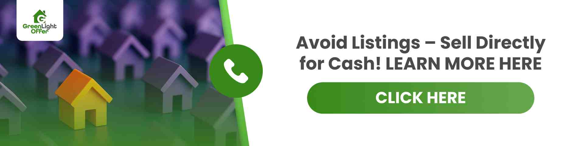 Ad banner showing how to sell your home for cash without listing; features call icon and “Click Here” CTA.