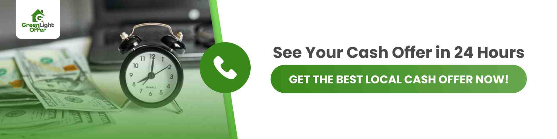 Alarm clock and cash beside phone icon promoting fast cash offers from local Houston house buyers who purchase homes quickly without repairs or fees