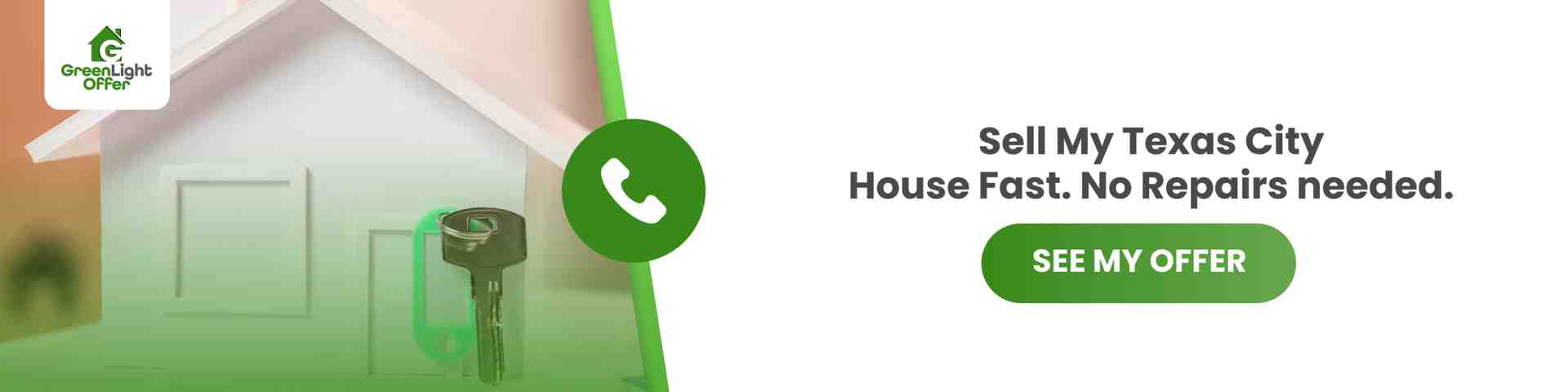 Home key placed beside a house model promoting a fast Texas City home sale with no repairs needed and a simple cash offer process.