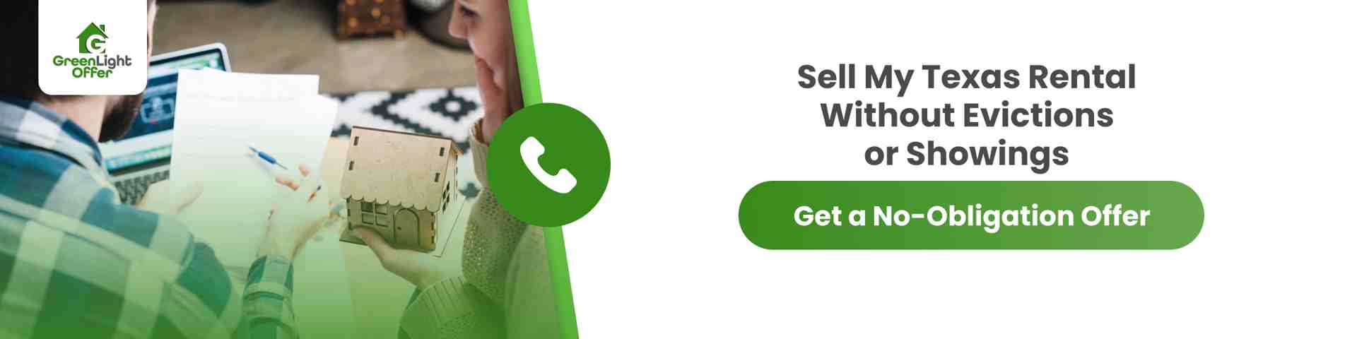 Selling a house with tenants shown by homeowners reviewing paperwork and a model house, promoting a no-obligation Texas rental offer without evictions or showings.