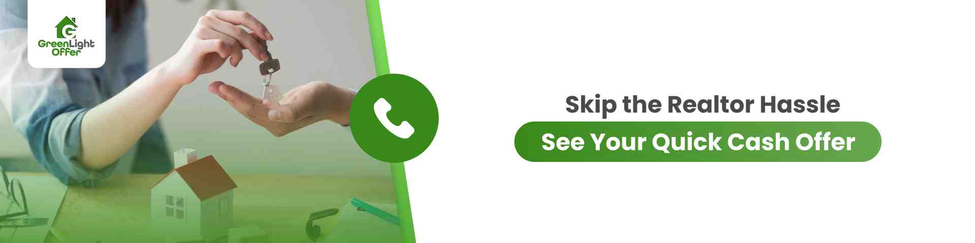 Homeowner handing over house keys across a table with a model home, promoting a quick cash offer option that avoids realtor fees, repairs, and long closing timelines