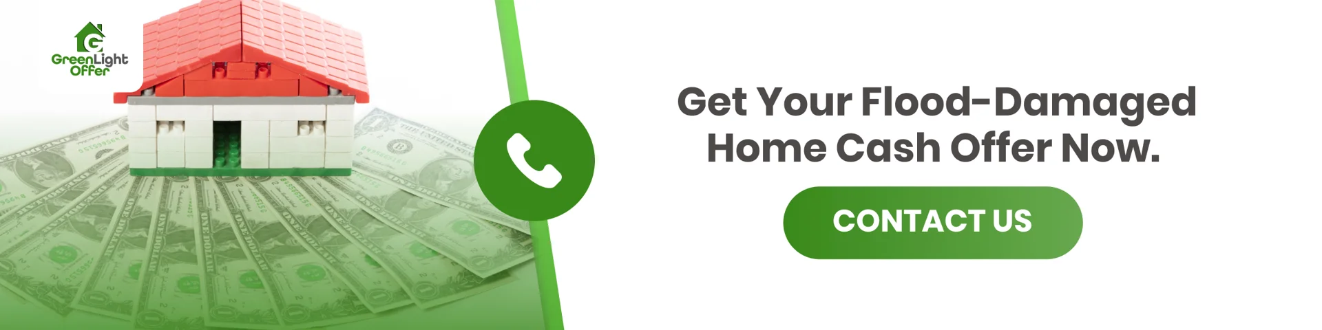 Sell flood damaged house Houston with fast cash offer, showing home model on money and quick contact option for homeowners