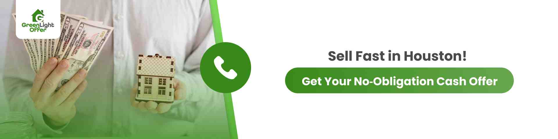 Cash home sale banner showing money and house model encouraging sellers to Sell Your Houston Home Fast for Cash with no obligation and quick closing