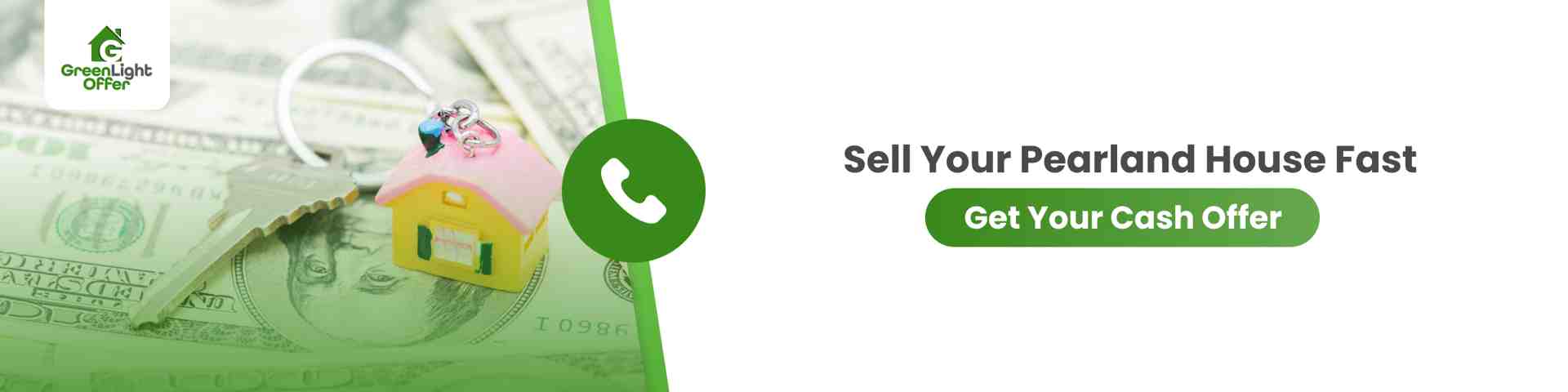 Call to action banner for cash home buyers in pearland with house key, dollar bills, and fast cash offer message