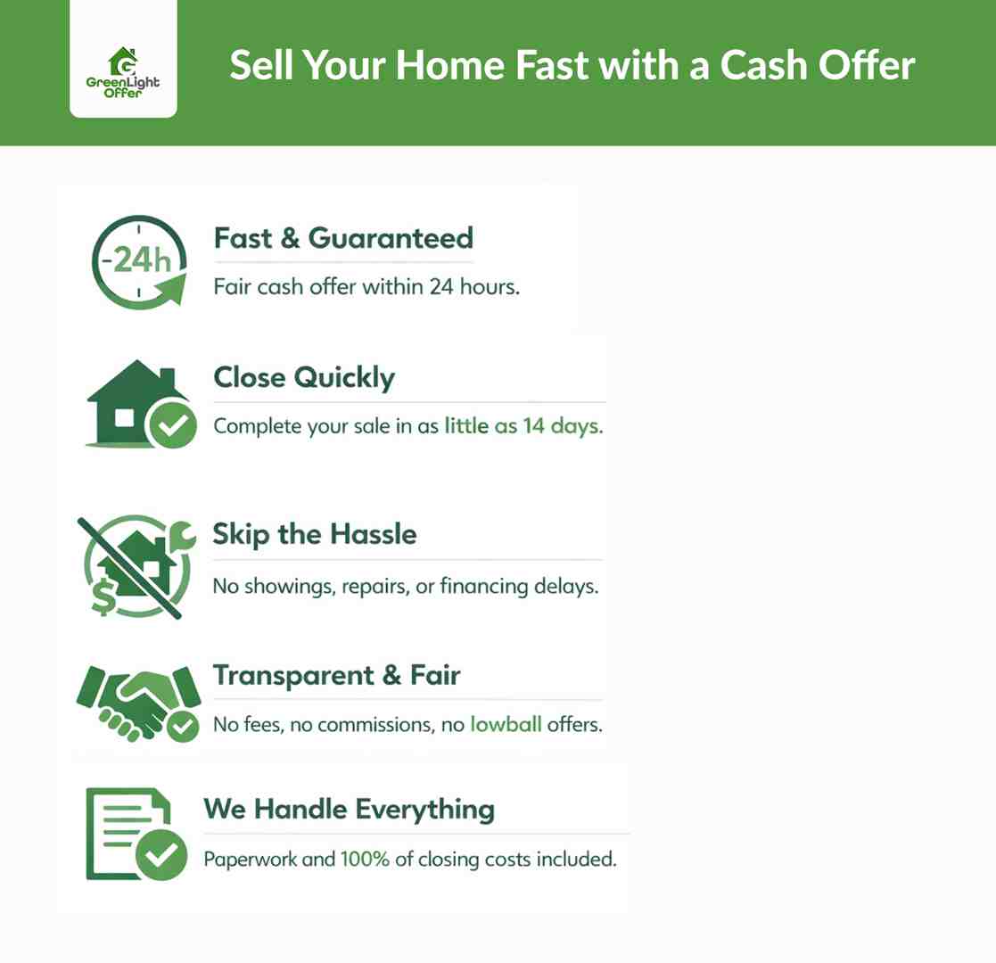 Infographic explaining how to sell home fast cash with 24 hour offers, quick closings, no repairs, no fees, and full paperwork handled.