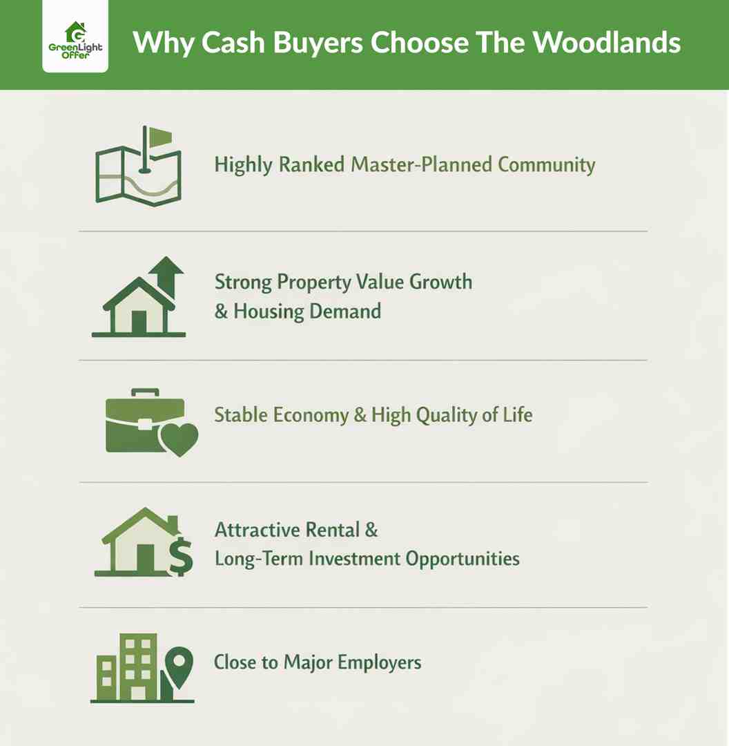 Infographic showing why a house buyer in the woodlands values growth, rentals, jobs, and strong property demand