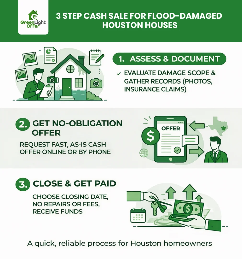 Sell flood damaged house Houston process showing assess damage, get cash offer, and close fast with no repairs or fees for homeowners