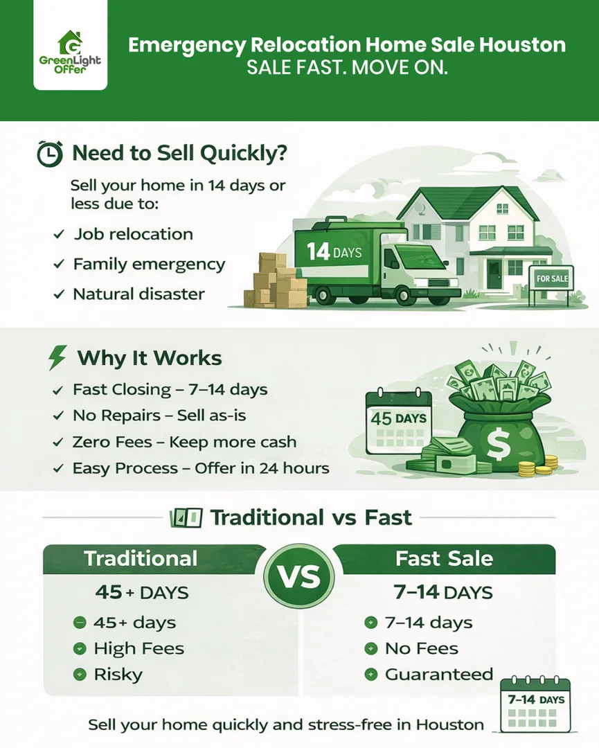 Emergency Home Sale Houston Fast Guide Emergency relocation home sale Houston infographic showing fast sale timeline, no fees, and quick closing benefits for sellers