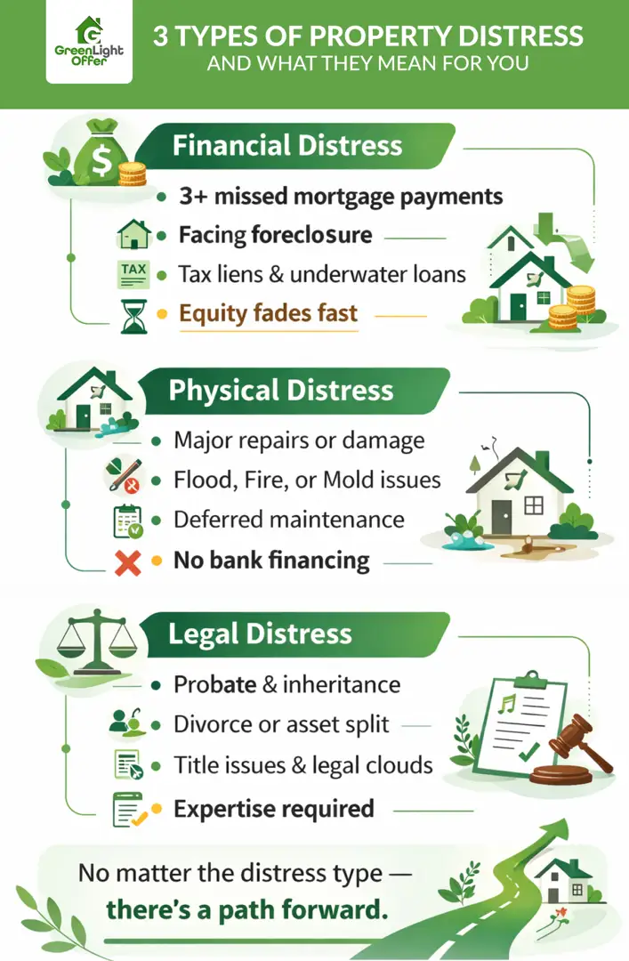 3 Types of Property Distress Explained Infographic showing financial, physical, and legal property distress factors for owners who want to Sell distressed house quickly.