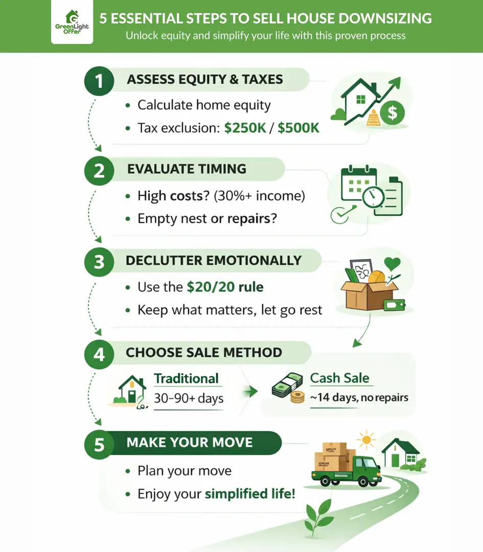 5 Steps to Sell House Downsizing Smartly Infographic outlining five essential steps to sell house downsizing, including equity review, timing, decluttering, sale method, and moving.