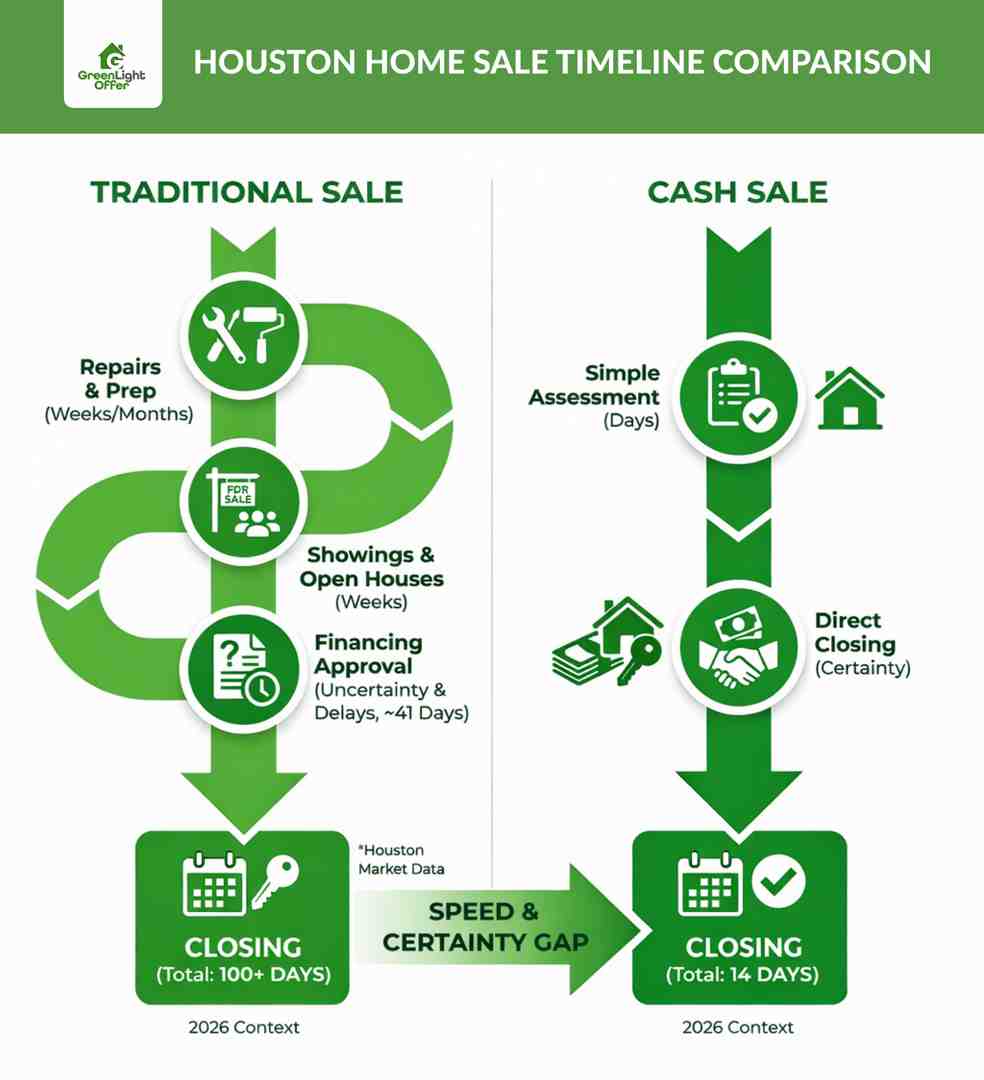 Timeline infographic comparing traditional and cash sales to Sell Your Houston Home Fast for Cash with fewer steps, faster closing, and more certainty