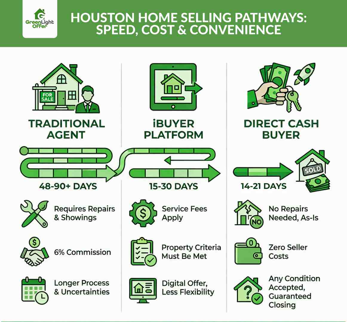 Infographic comparing Houston home selling options by speed and cost to Sell House Quickly Houston using agents, iBuyers, or cash buyers