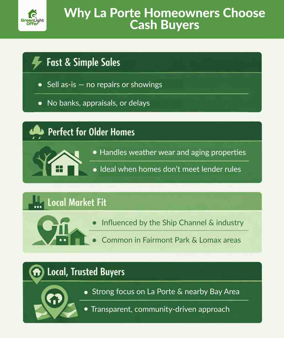Infographic showing benefits of cash home buyers in la porte including fast sales, older homes, and local trusted buyers