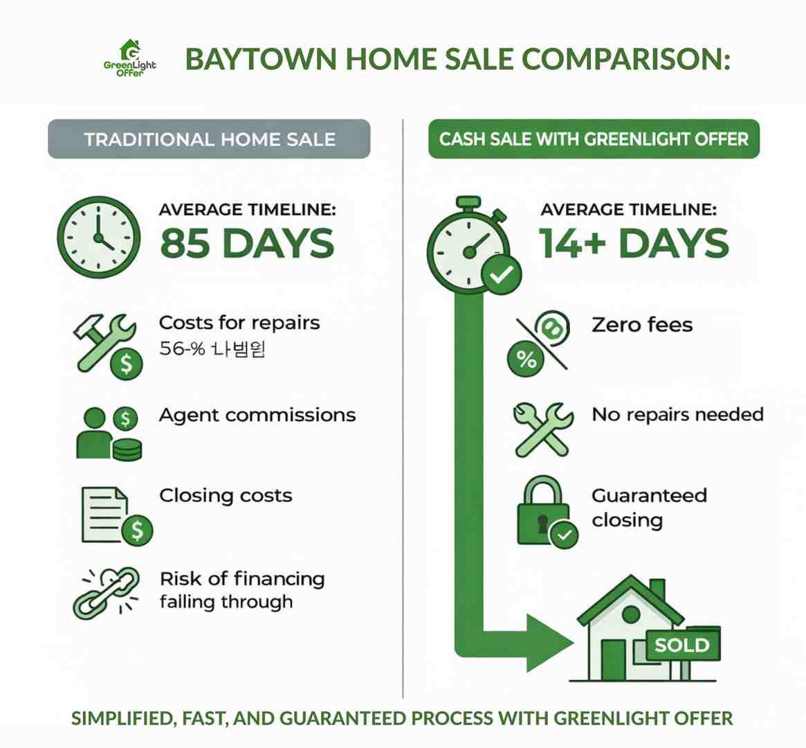 Comparison graphic showing traditional sales vs cash home buyers in baytown, highlighting timelines, fees, repairs, and closing risks.
