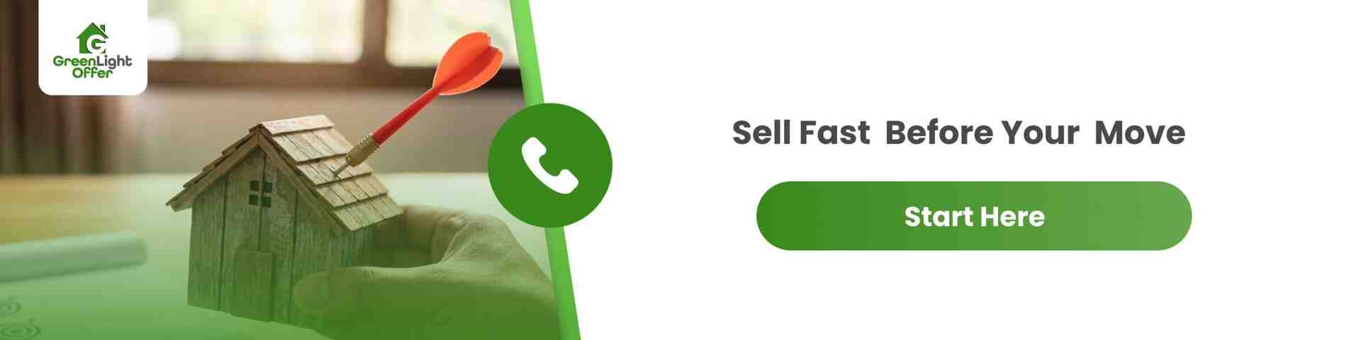 Homeowner holding a house model with a target arrow, representing selling house for job relocation quickly before a scheduled move.