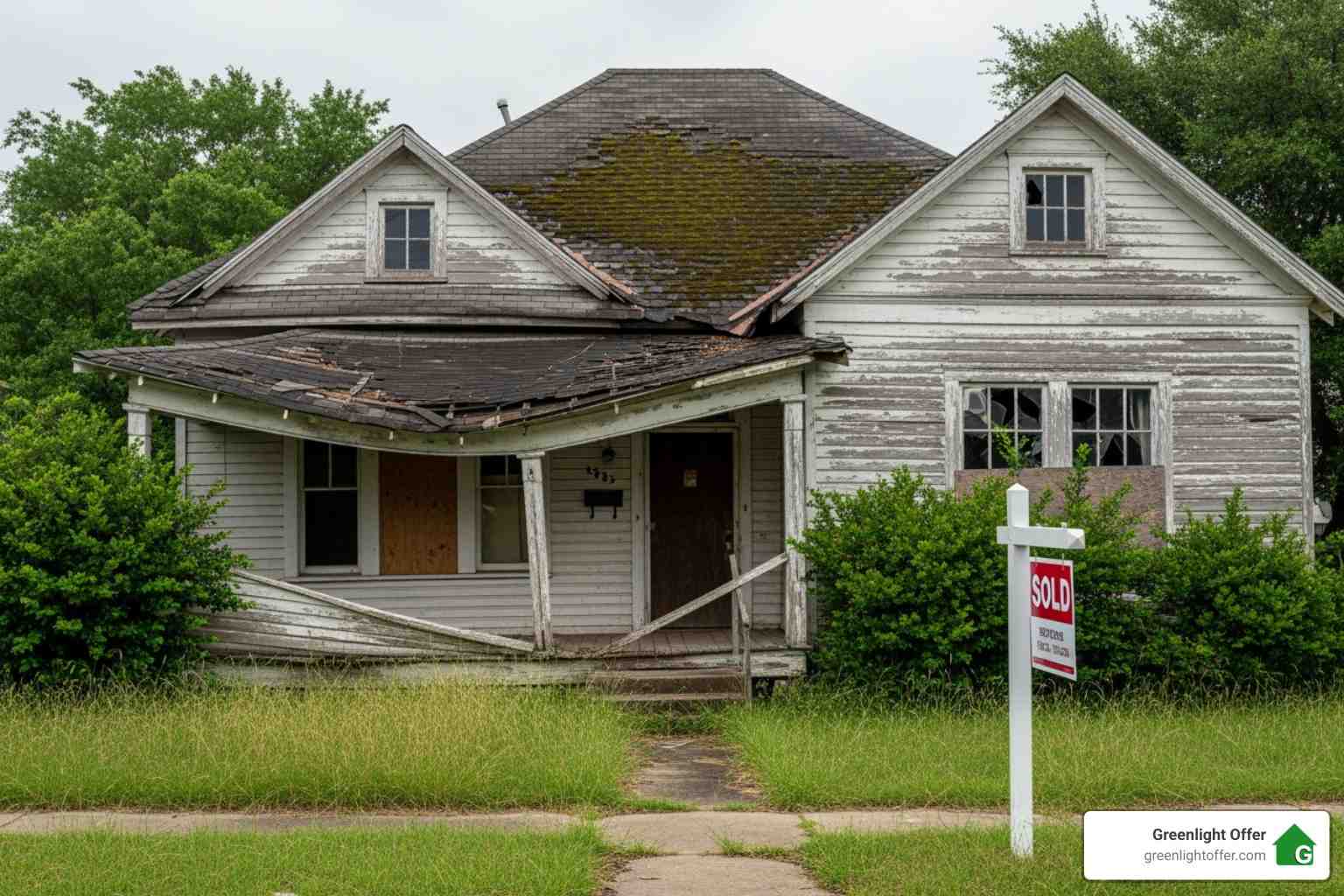 Abandoned, distressed house with sold sign, showing how cash home buyers in baytown purchase properties as-is with no repairs needed.