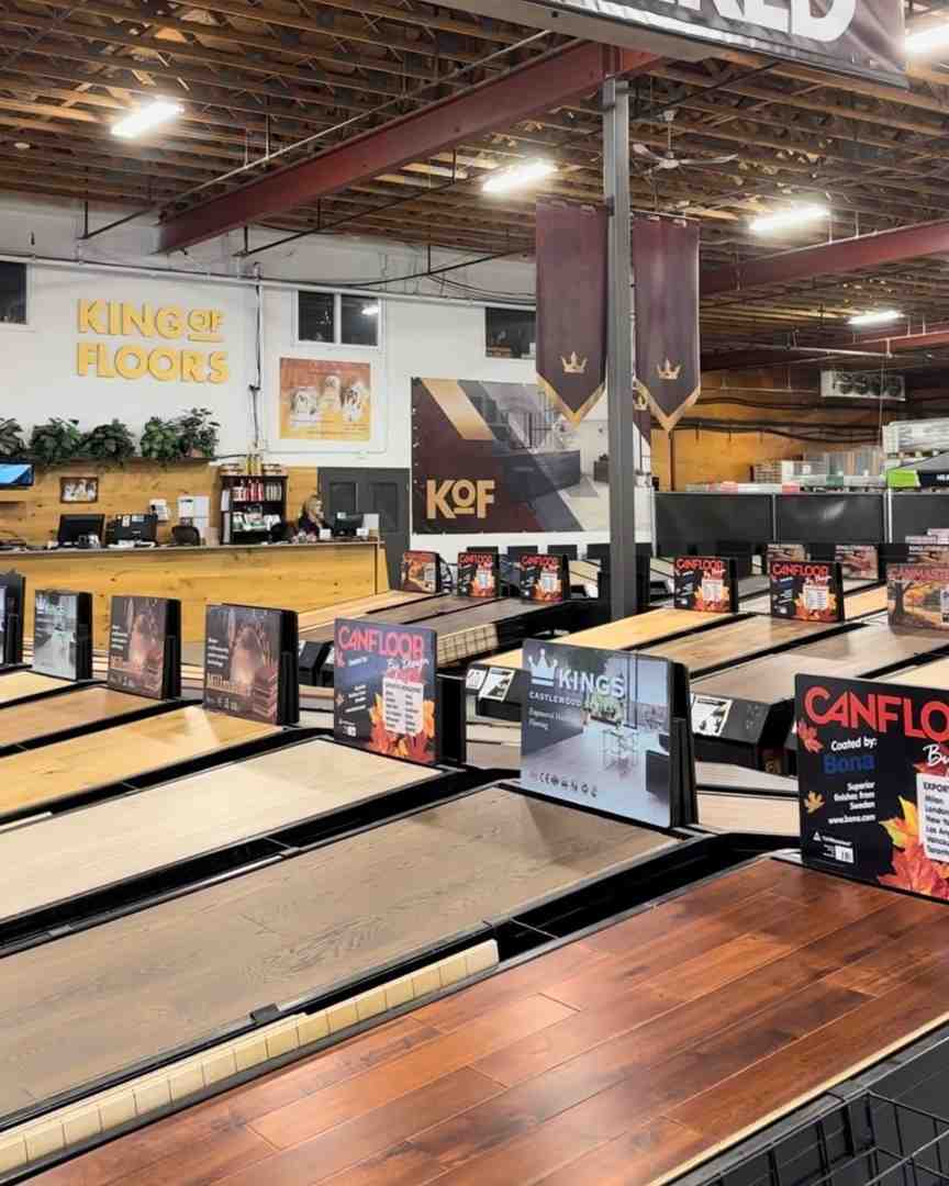 massive King of Floors showroom with large flooring samples on display - low cost laminate flooring