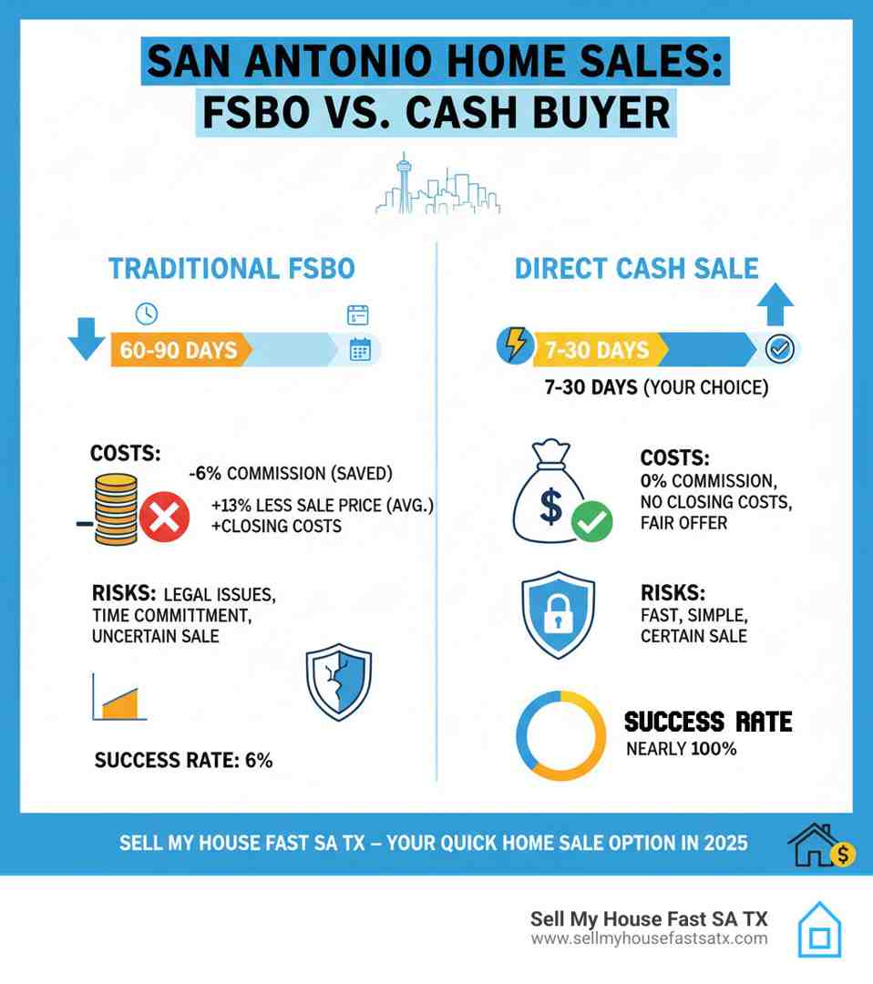 Infographic comparing FSBO challenges versus direct cash sale benefits, showing timeline differences, cost breakdowns, and risk factors for San Antonio homeowners Infographic comparing FSBO challenges versus direct cash sale benefits, showing timeline differences, cost breakdowns, and risk factors for San Antonio homeowners