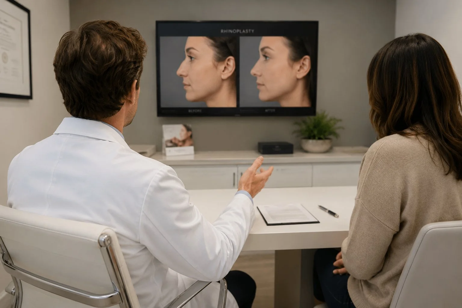 Surgeon explaining a complex procedure to a patient during a consultation - experienced plastic surgeons nj