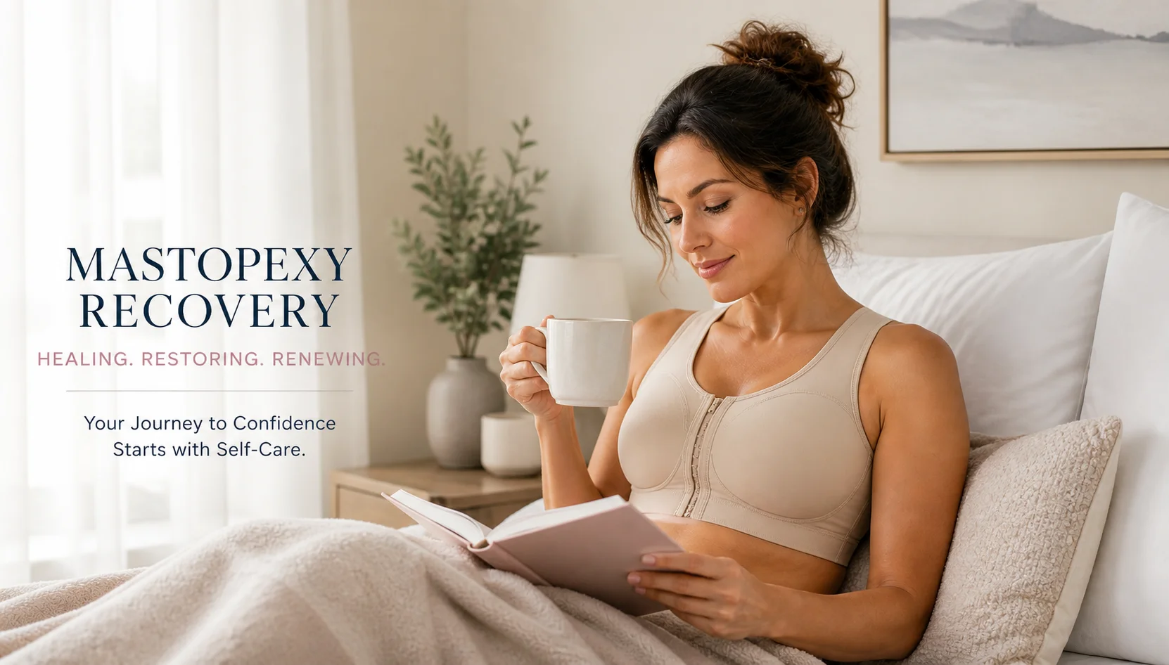 Patient at home in bed with mastopexy recovery, healing, restoring, renewing
