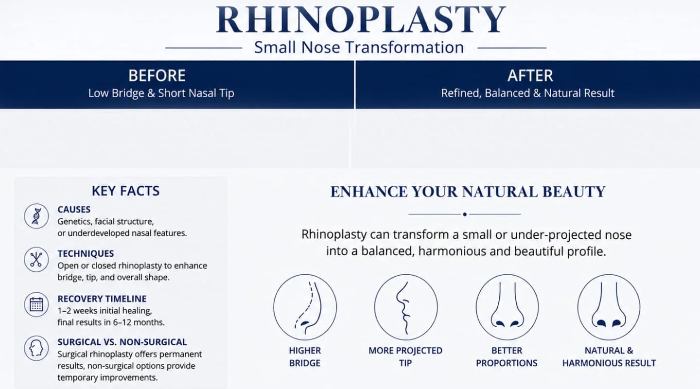 Infographic: rhinoplasty for small nose — key facts including causes, techniques, recovery timeline, and surgical vs.