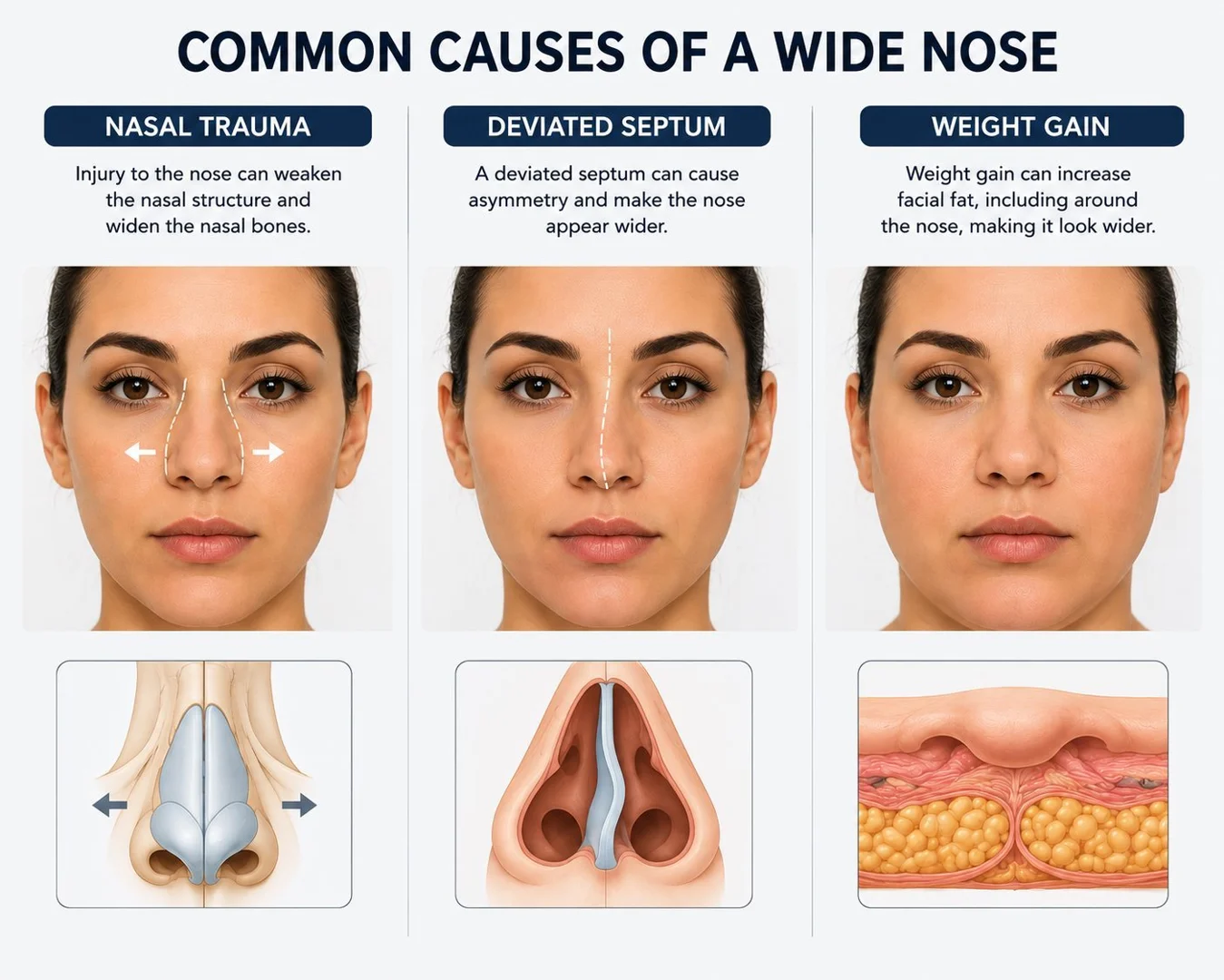infographic  rhinoplasty for wide nose, common causes of wide nose