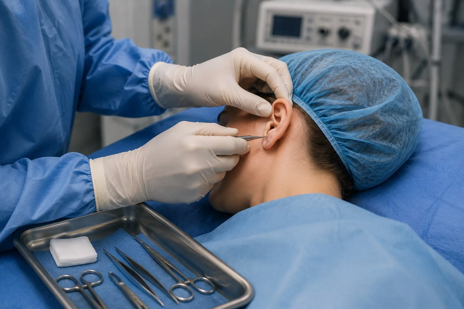 Modern surgical suite at The Plastic Surgery Group of New Jersey - patient undergoing earlobe repair surgery