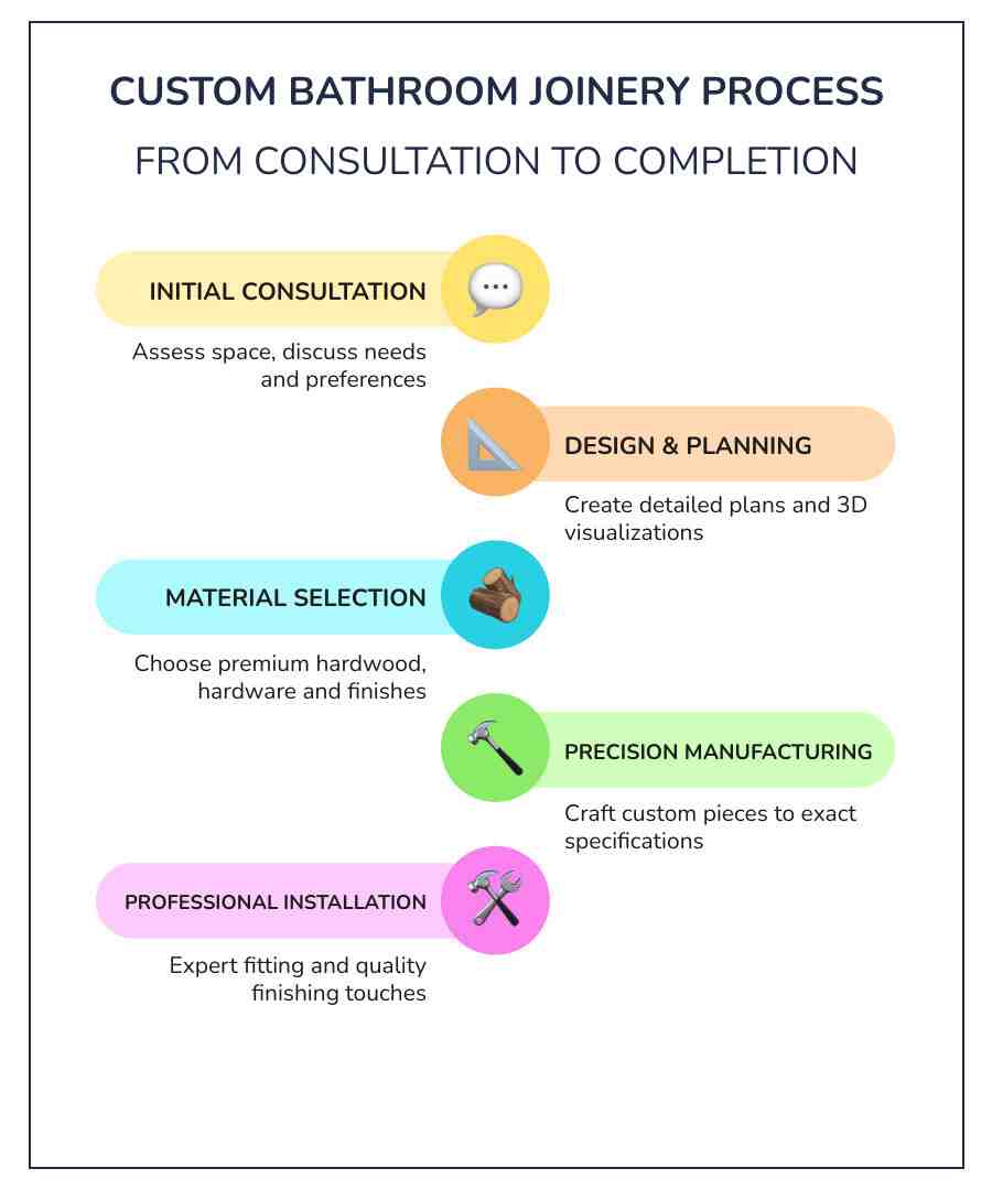 Infographic showing the custom bathroom joinery journey from initial consultation through design, manufacture, and installation, highlighting key benefits like space maximisation, premium materials, and personalised storage solutions - custom bathroom joinery infographic infographic-line-5-steps-dark