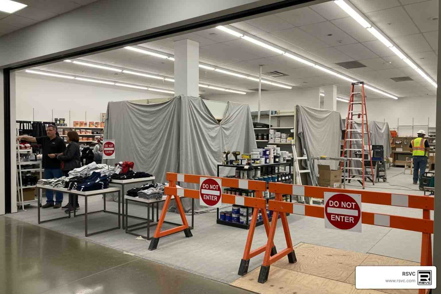 of a clearly marked temporary walkway guiding people safely around a construction area in a commercial building. - How to Minimize Downtime During a Commercial Remodel