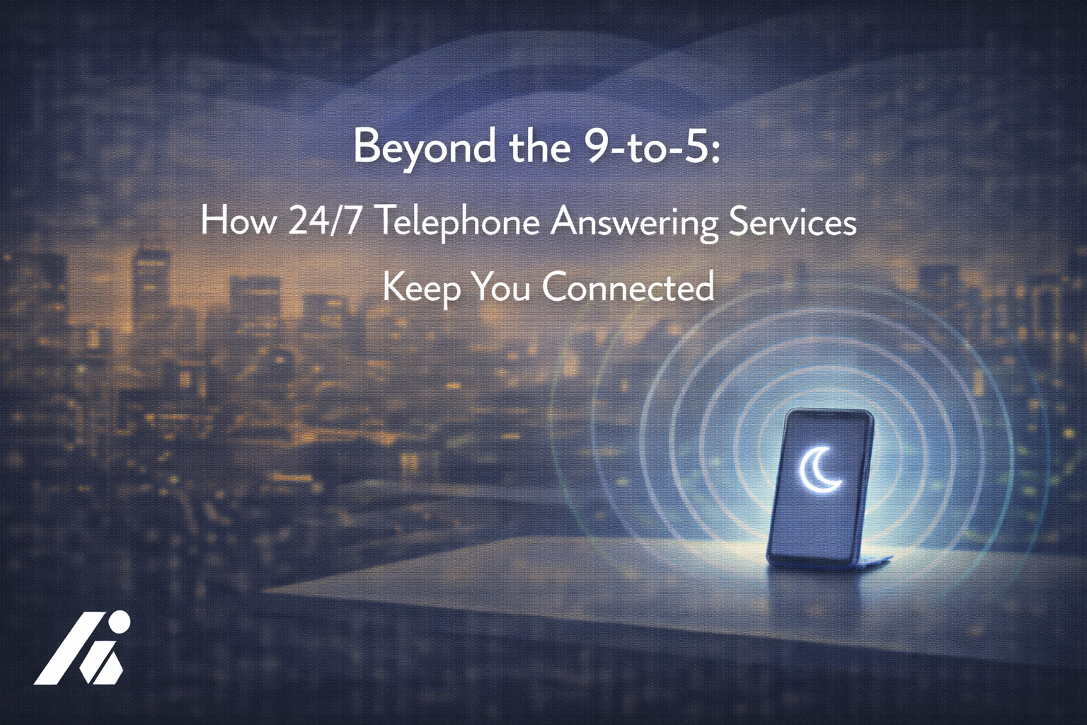 Image of a business owner looking relaxed after hours while a phone icon with a 24/7 symbol glows in the background - 247 telephone answering service