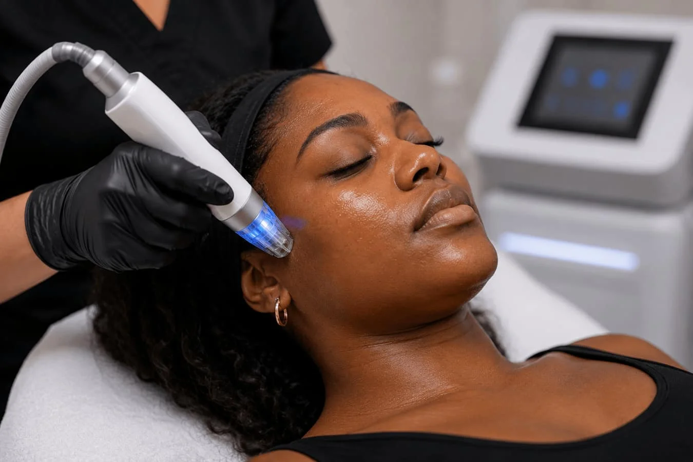 An RF microneedling device delivering energy safely beneath the skin surface of a woman An Rf Microneedling Device Delivering Energy Safely Beneath The Skin Surface Of A Woman
