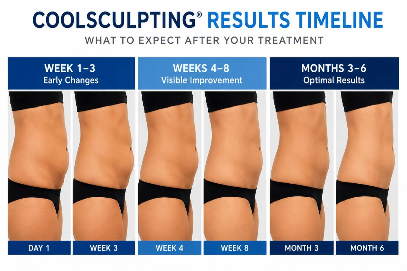 Coolsculpting Timeline Graphic Showing 1-3 Weeks, 4-8 Weeks, To 3-6 Months Post-Treatment