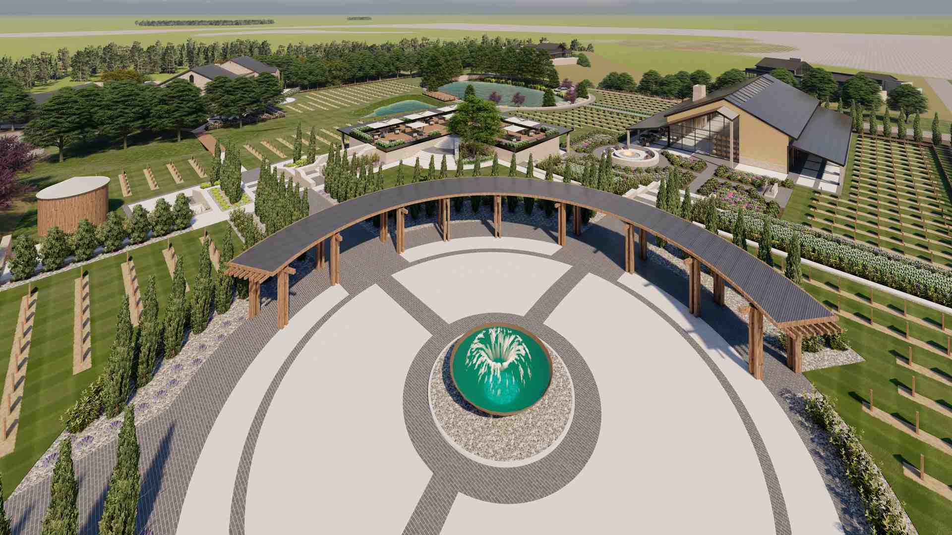 Master plan showing building footprints, roads, and landscape for a commercial development - commercial architecture process