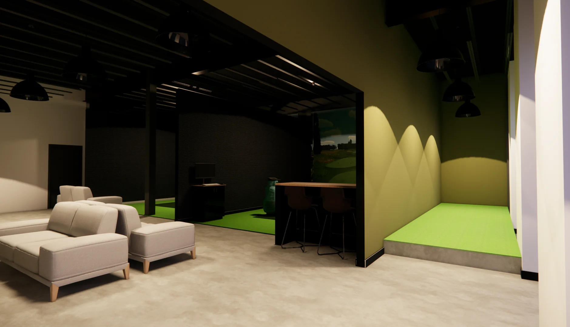 golfer mid-swing in a simulator room with ceiling clearance callouts - Behind the Design: How a Golf Simulator Lounge Comes