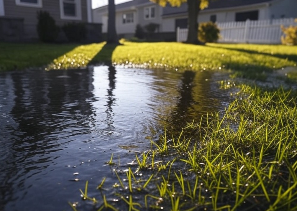 Water pooling in a residential front yard - residential water line repair