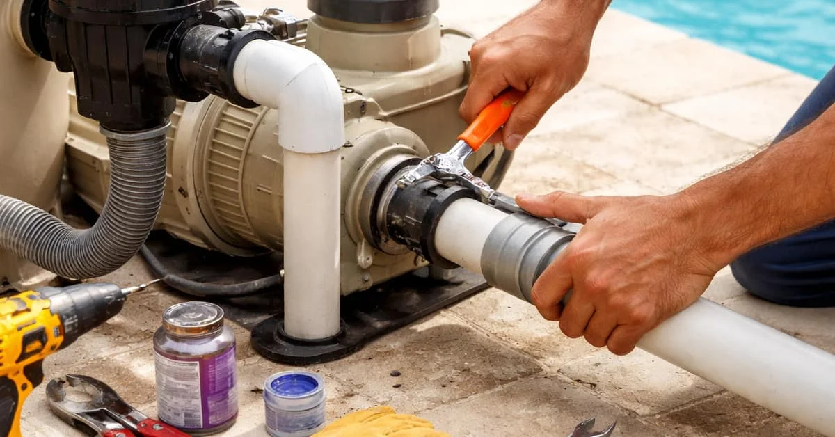 Pool Technician Inspecting Equipment - Swimming Pool Maintenance And Repair pool technician inspecting equipment - swimming pool maintenance and repair