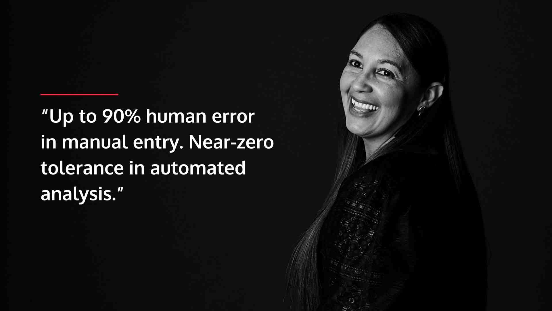 Black and white portrait of a smiling business professional beside a quote about reducing human error through automated financial audit analysis.
