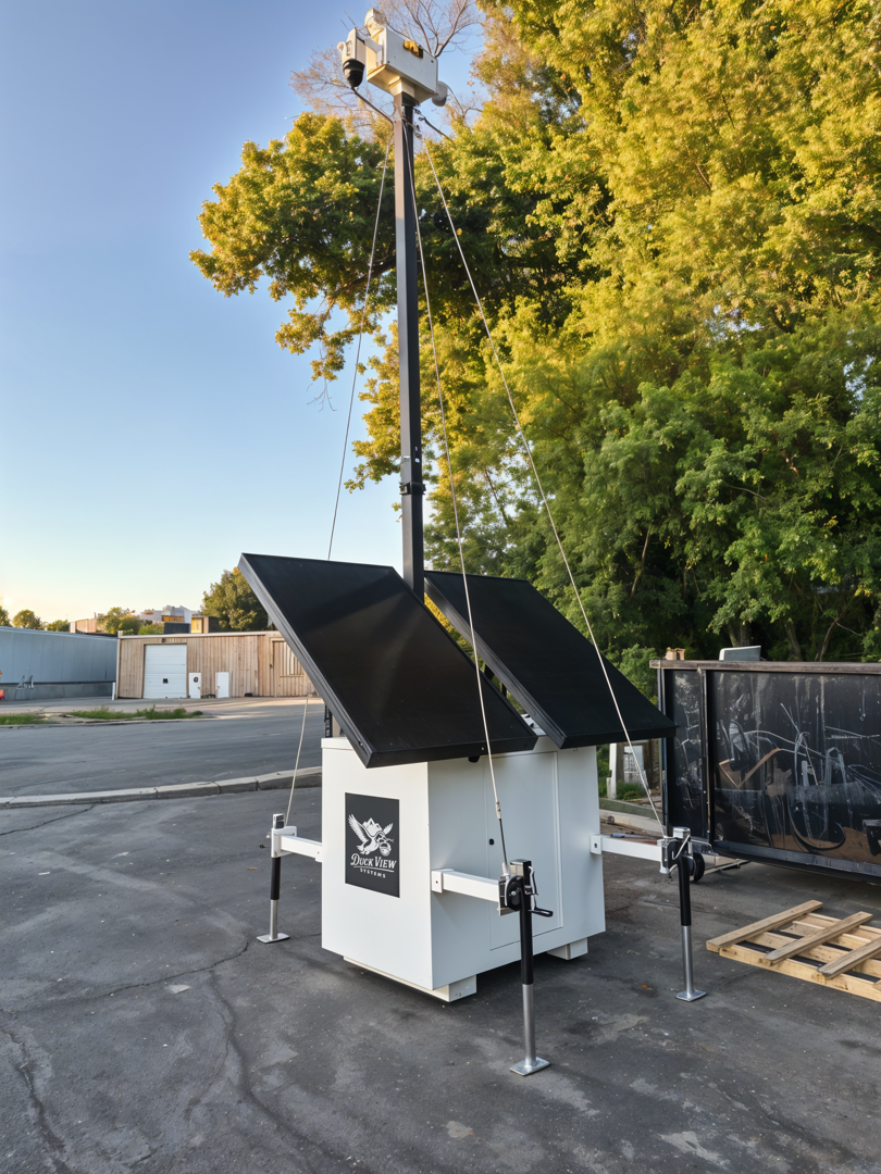 Solar Security Camera Trailer System Mobile solar trailer with elevated cameras and panels providing reliable monitoring as the best outdoor wireless security camera system solar powered.