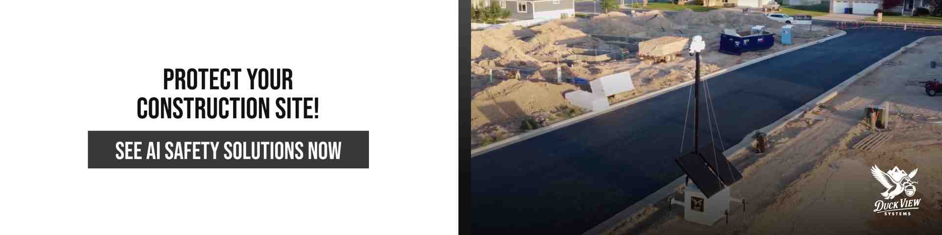 Protect Your Construction Site With AI Safety AI-powered camera tower monitoring an active construction site, promoting AI for construction safety to prevent incidents, detect risks, and improve jobsite protection in real time