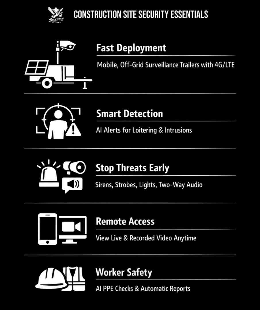 Construction Site Security Essentials Guide Infographic outlining Construction site security solutions including mobile trailers, AI detection, deterrents, and remote access monitoring